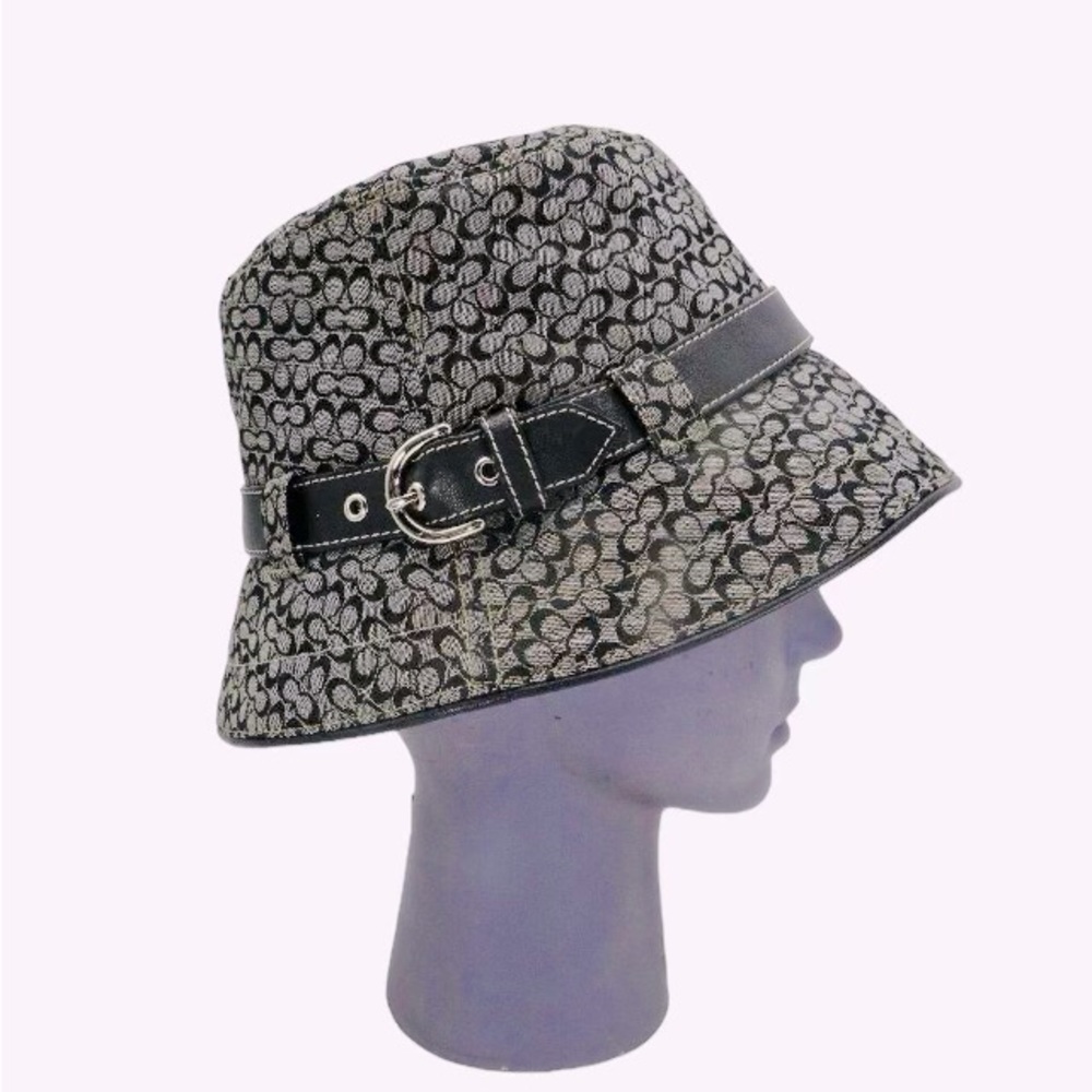 Coach Vintage Signature Bucket Hat Black Gray Leather Buckle P/S Retro Trend Y2K